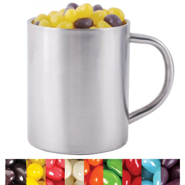 Corporate Colour Mini Jelly Beans in Stainless Steel Double Wall Barrel Mug